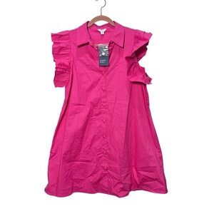 Crown & Ivy Petite M Pink Poplin Ruffle Sleeve Dress Button Down NWT Above Knee